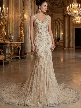 🪞Luxurious Designer Couture Wedding Evening Party Prom Runway Beaded Gown Dress